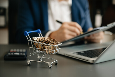 A shopping cart with full of house made by wood