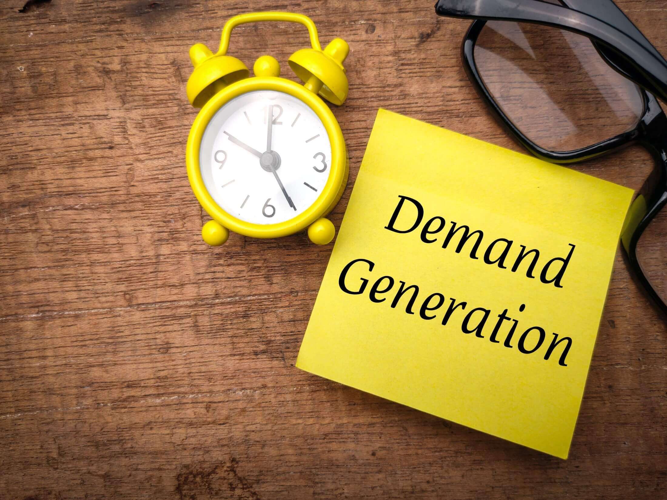 A conceptual image featuring an alarm clock, eyeglasses, and a sticky note with the words 'Demand Generation' on a wooden surface, symbolizing strategic marketing planning.