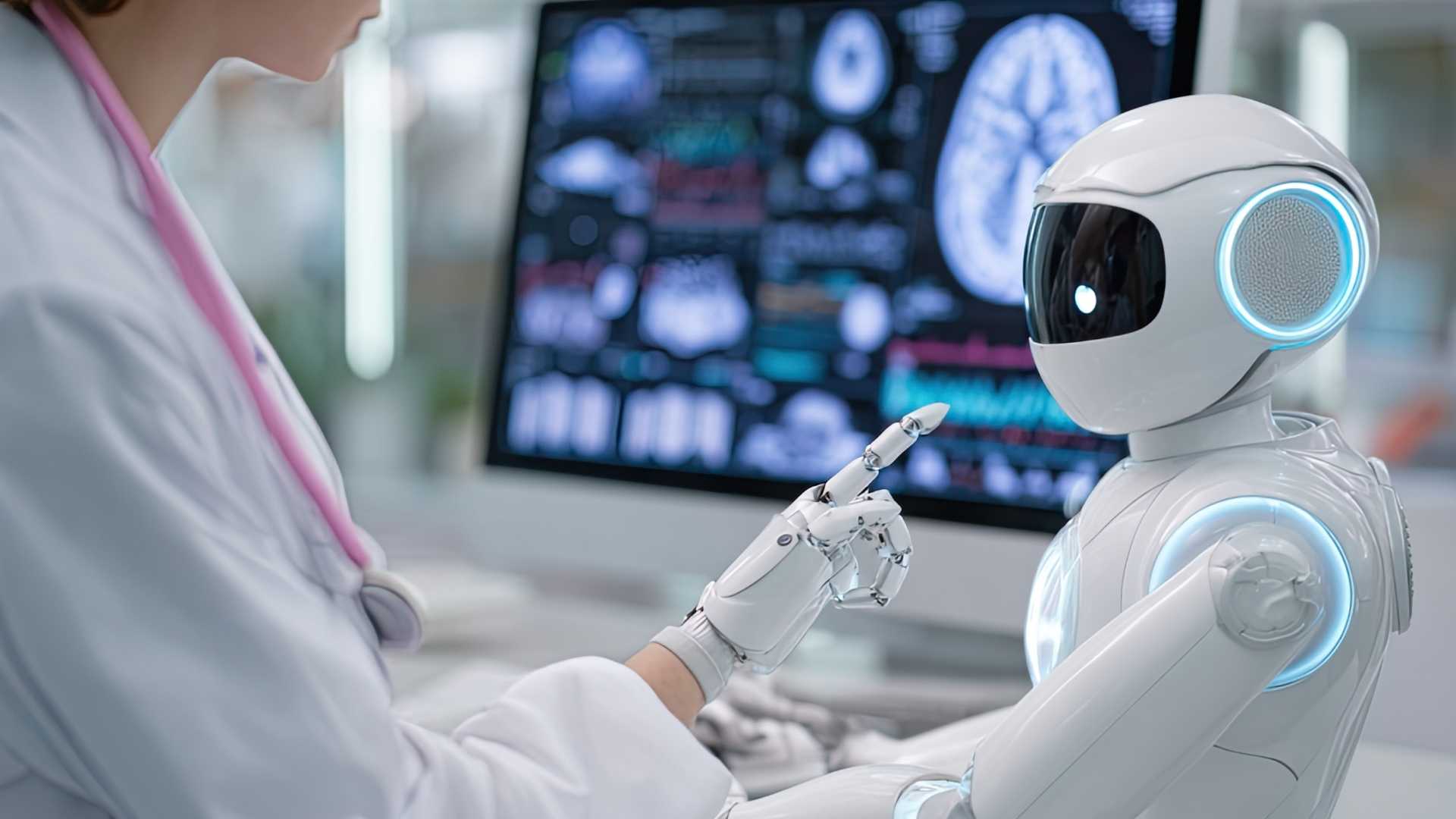 health care personnel talking to an AI robot
