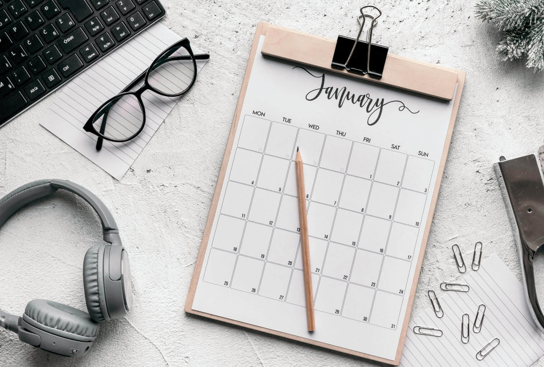 January calendar above the working table