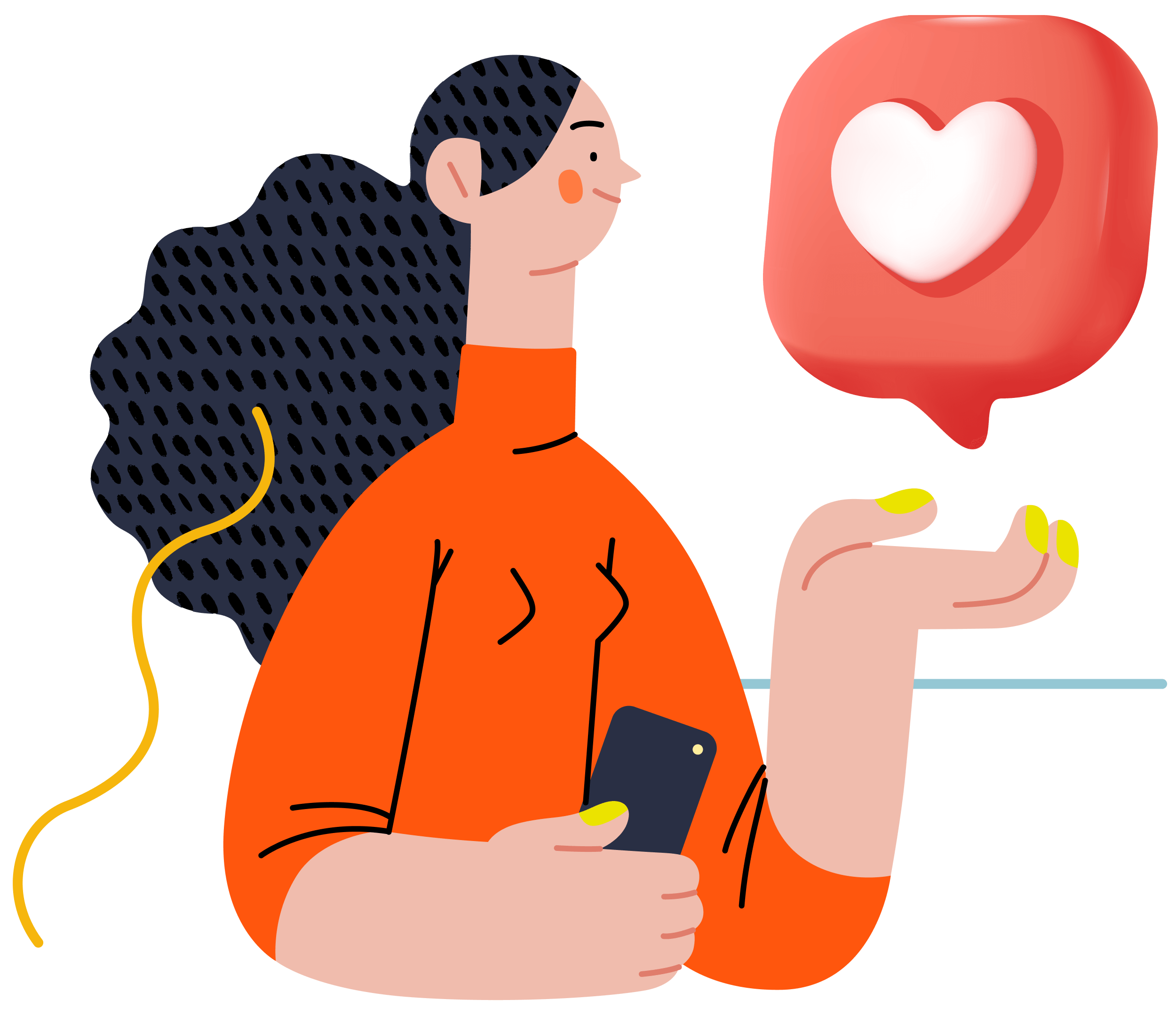 A woman wearing orange sleeves is holding a quotation box that contains a heart image