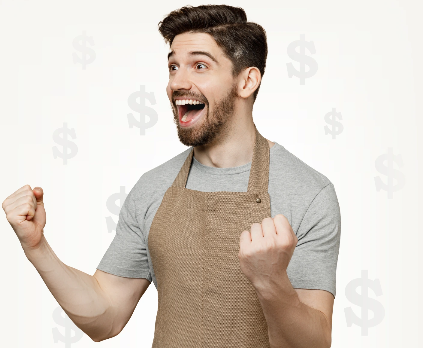 A happy man in an apron celebrates with dollar signs in the background