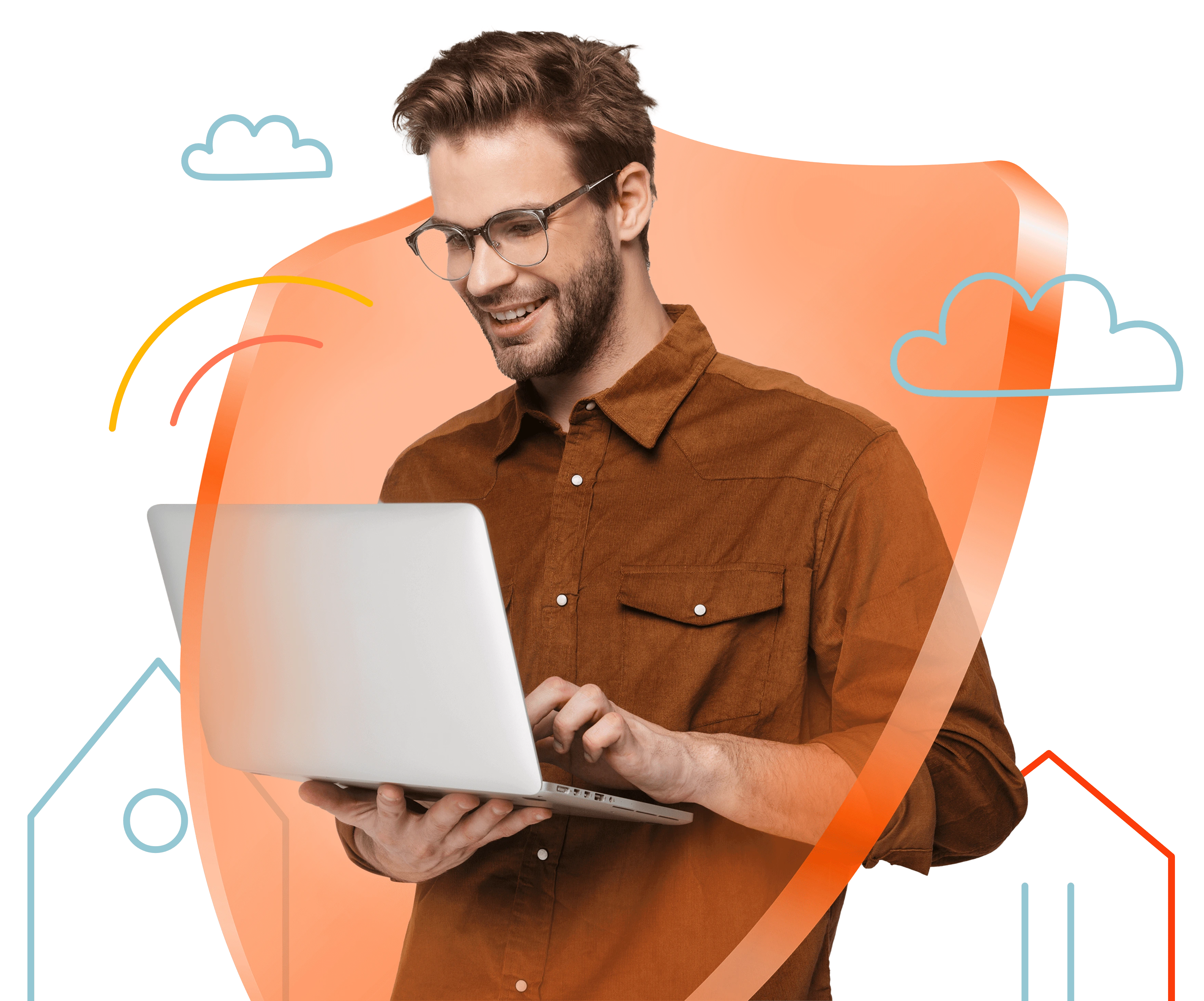 A man shielded using a laptop