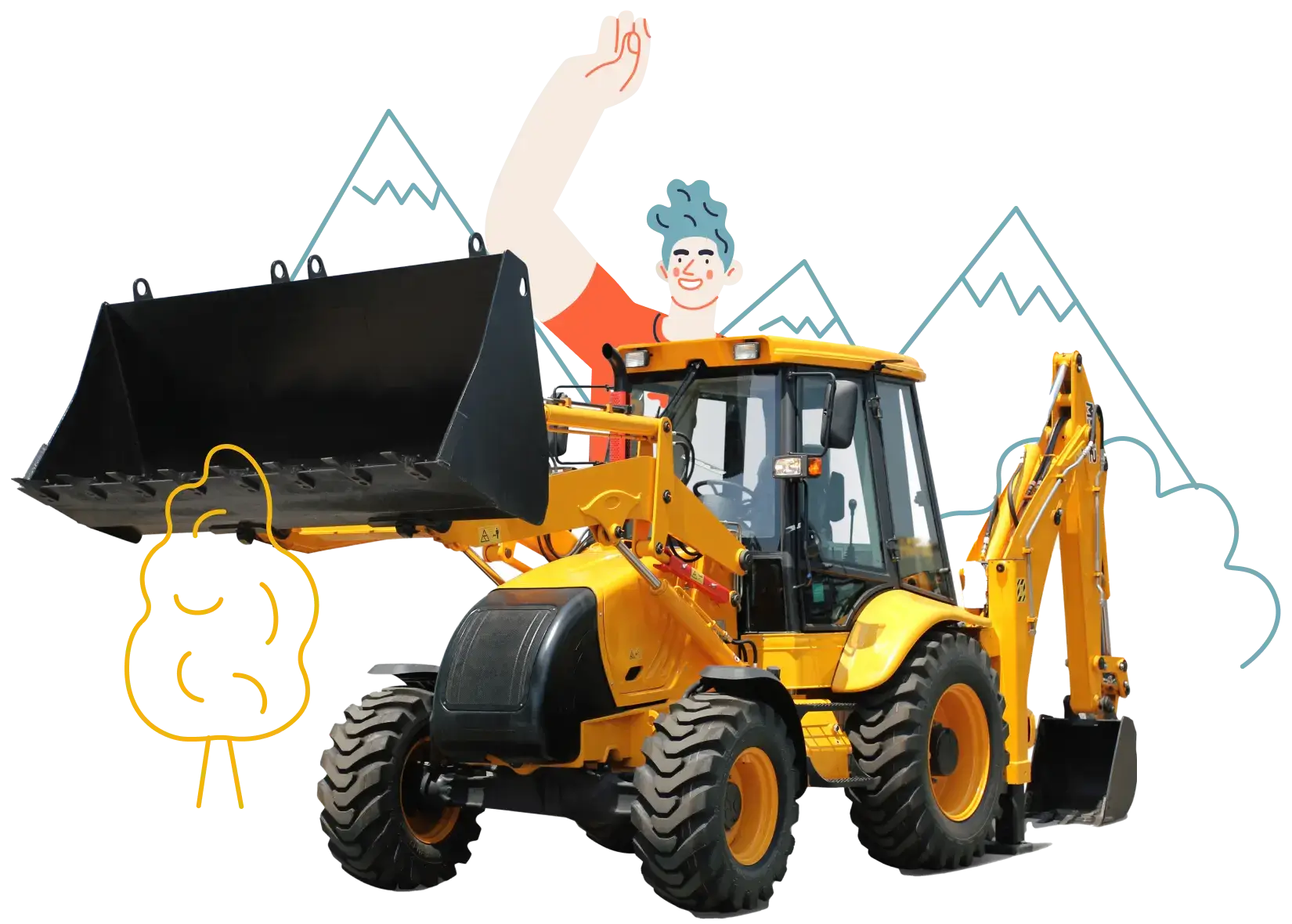 An animated man driving a tructor