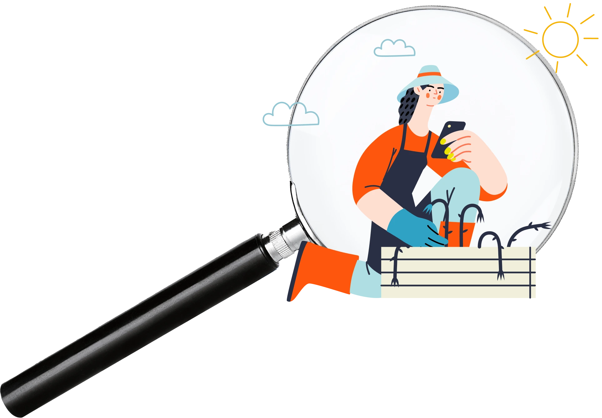 An animated woman planting while using a phone, with a magnifying glass in the background