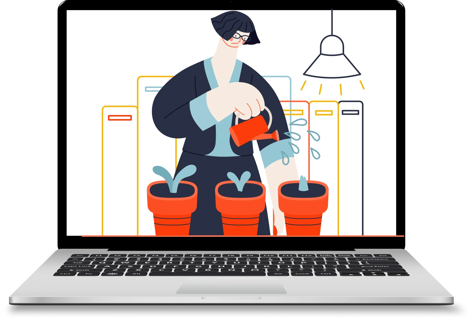 An animated woman watering her plants