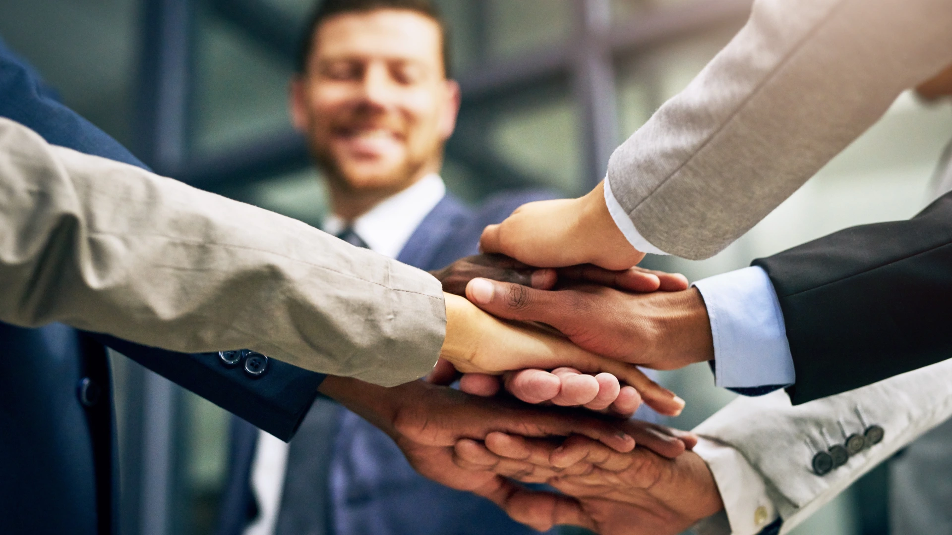 Business people, hands and collaboration of team with support, celebration and corporate success.