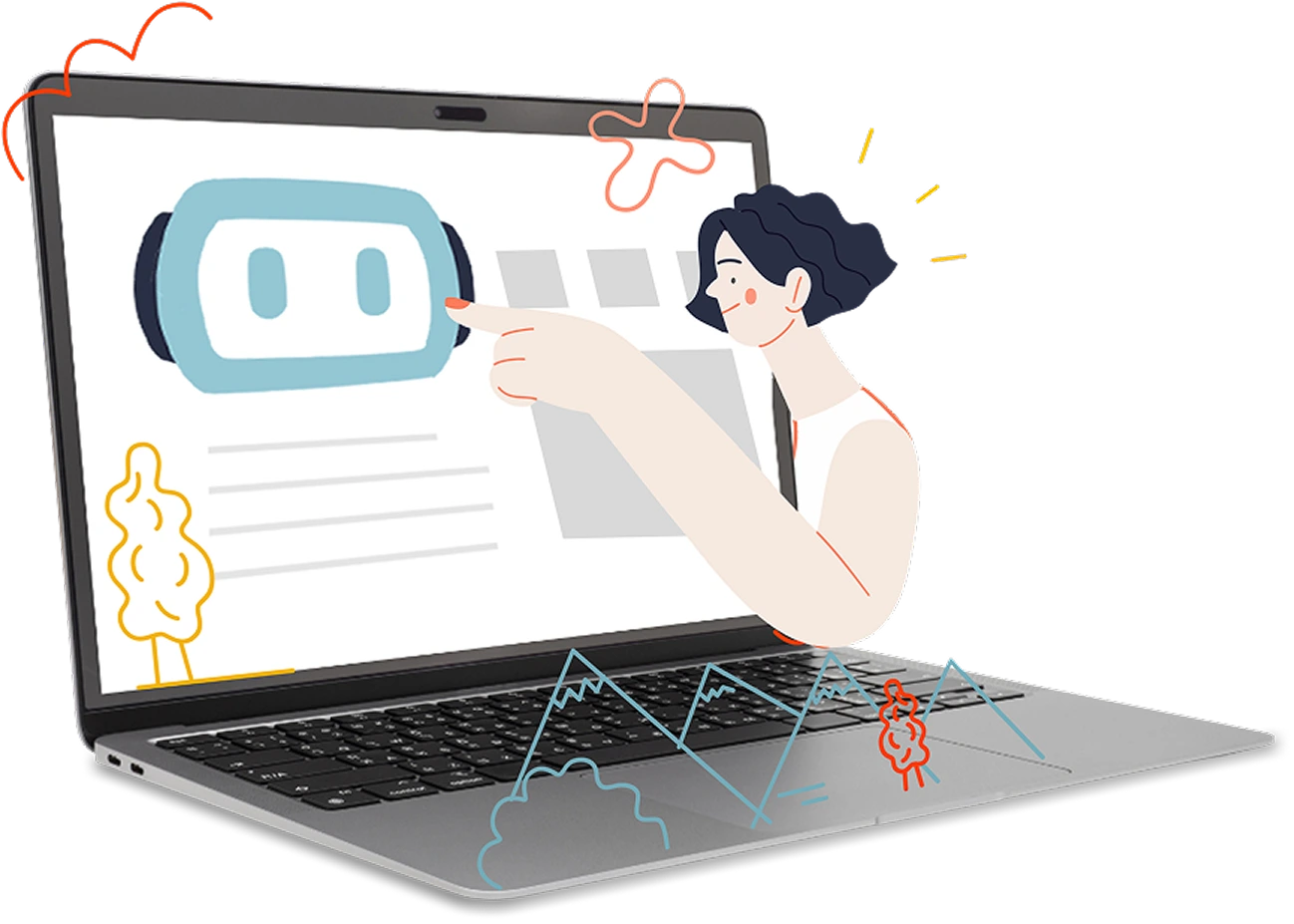 Illustration of a person interacting with an AI chatbot interface on a laptop screen, symbolizing digital assistance and machine learning