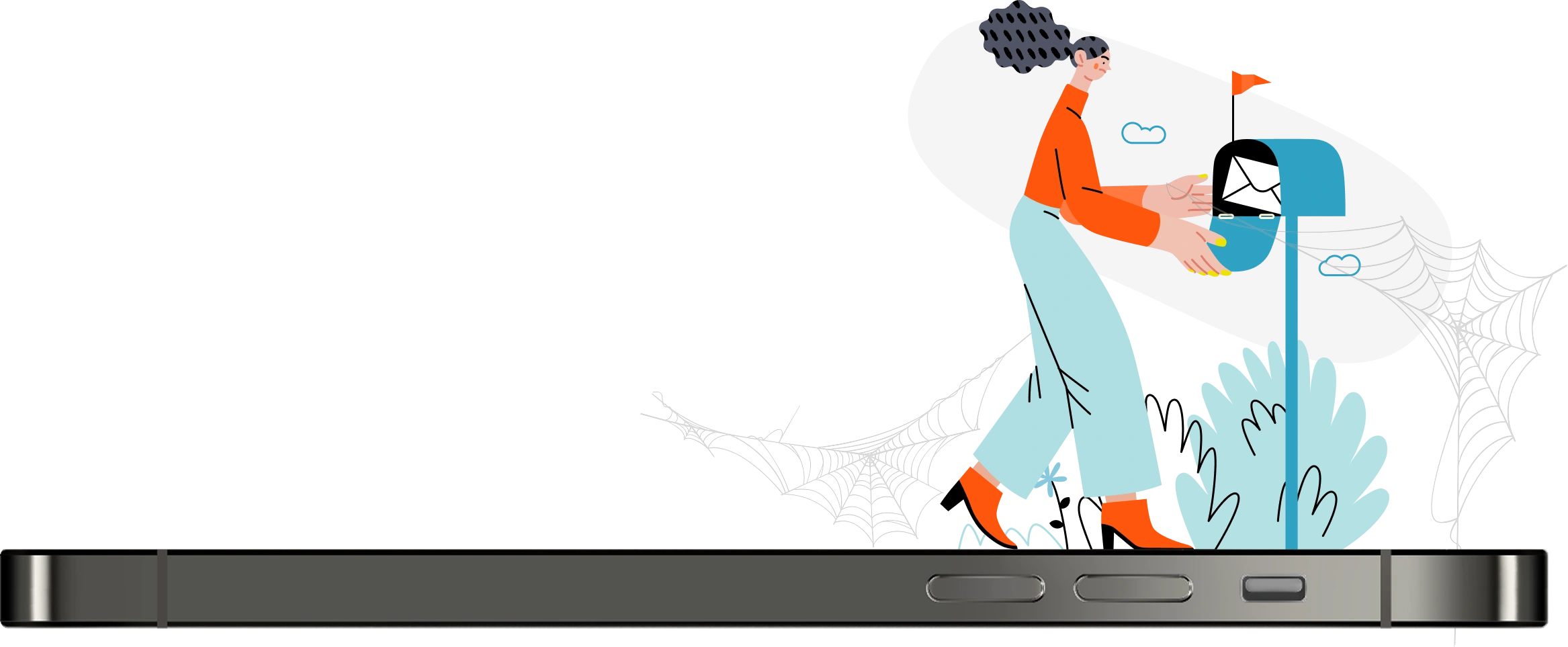 Illustration of a woman checking a mailbox with an envelope standing on top of a smartphone