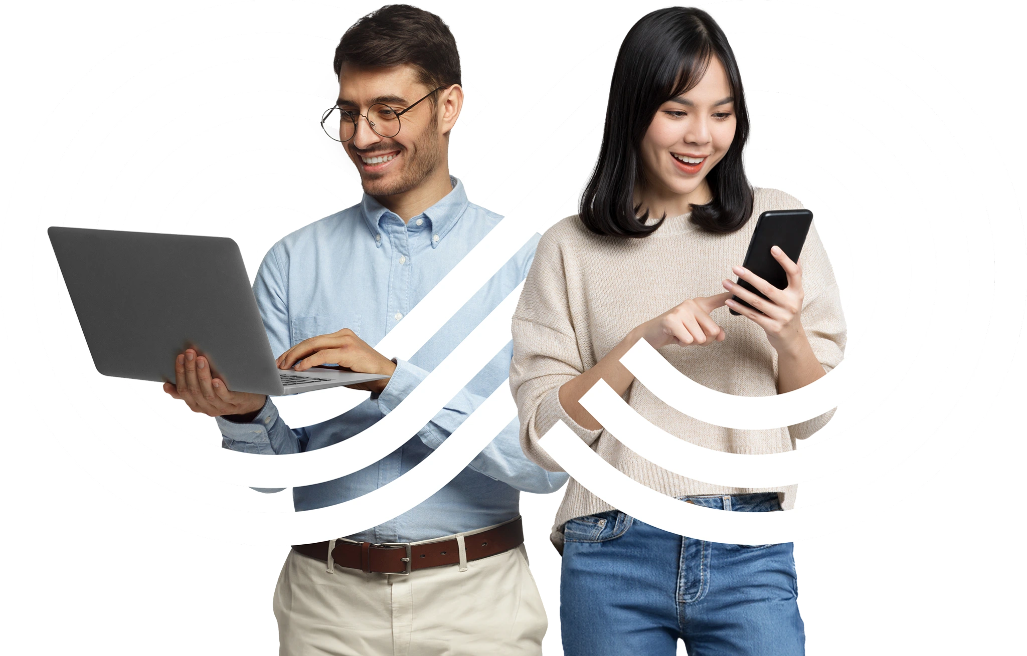 Man with laptop and woman with phone with connective logo