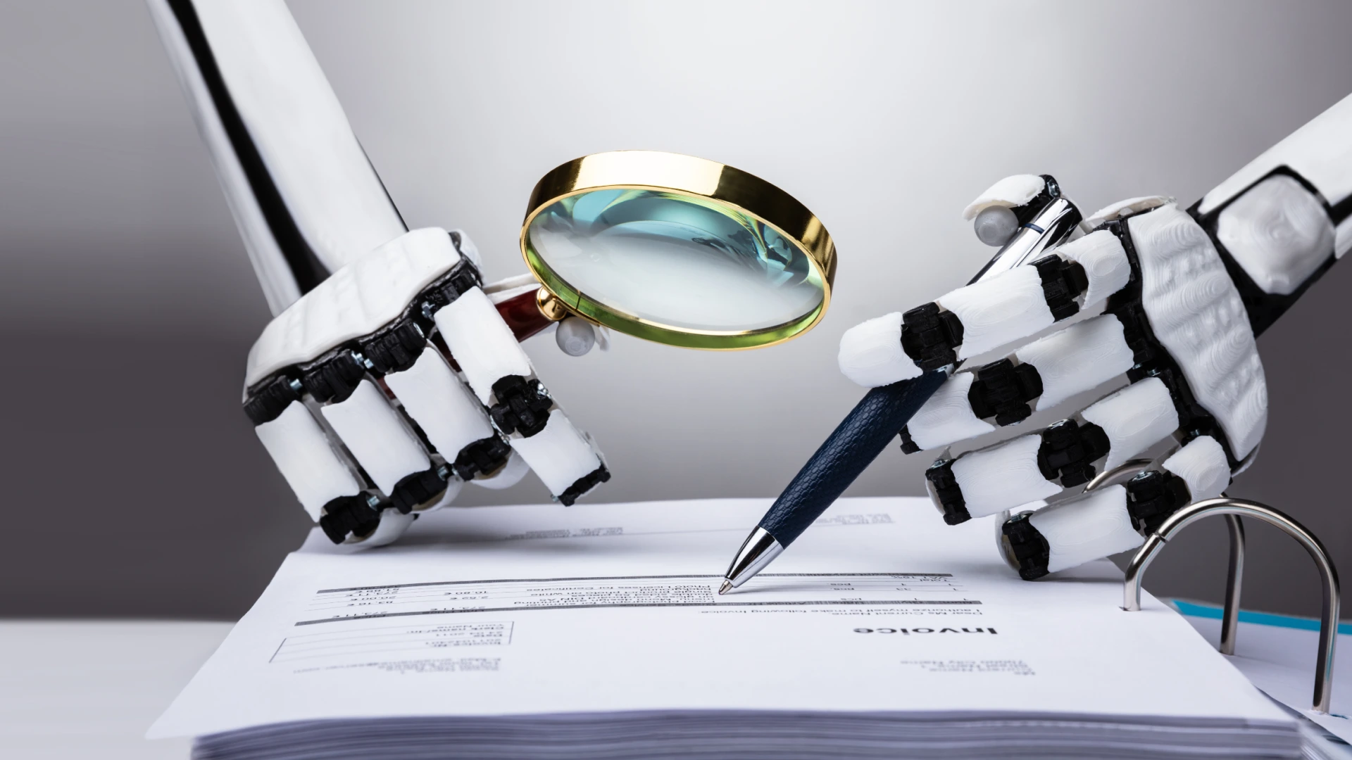 Photo Of Robot Examining Info With Magnifying Glass