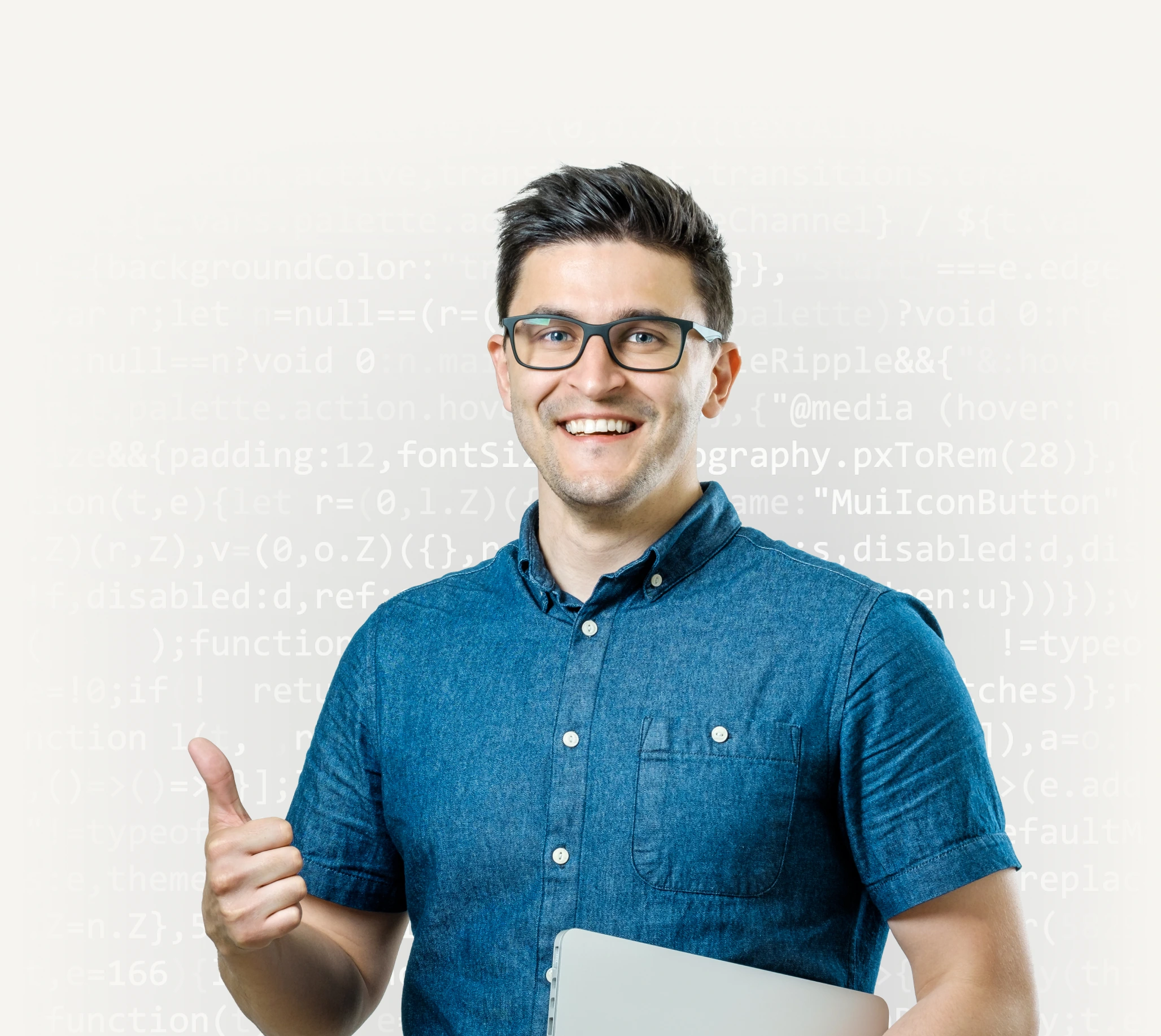 professional with glasses in thumbs up