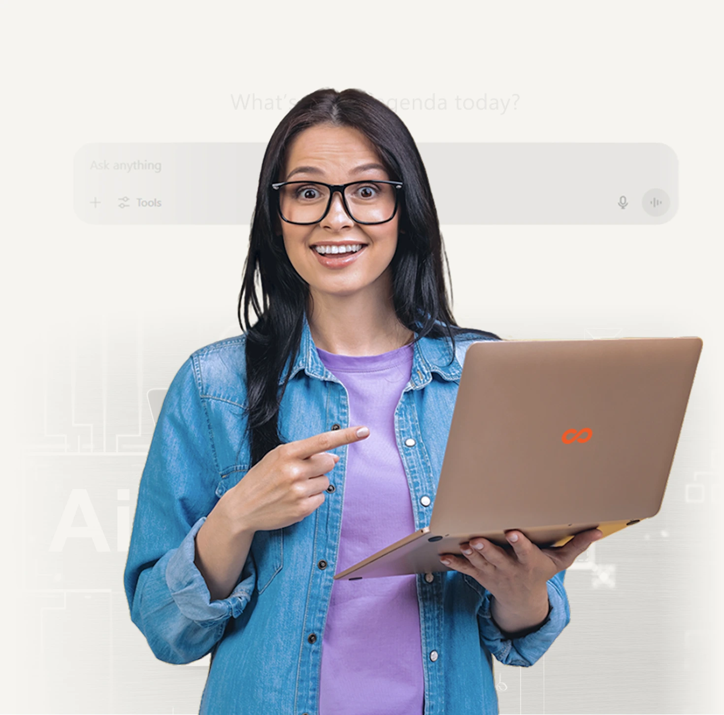 Smiling woman in glasses holding a laptop and pointing at screen, promoting AI technology