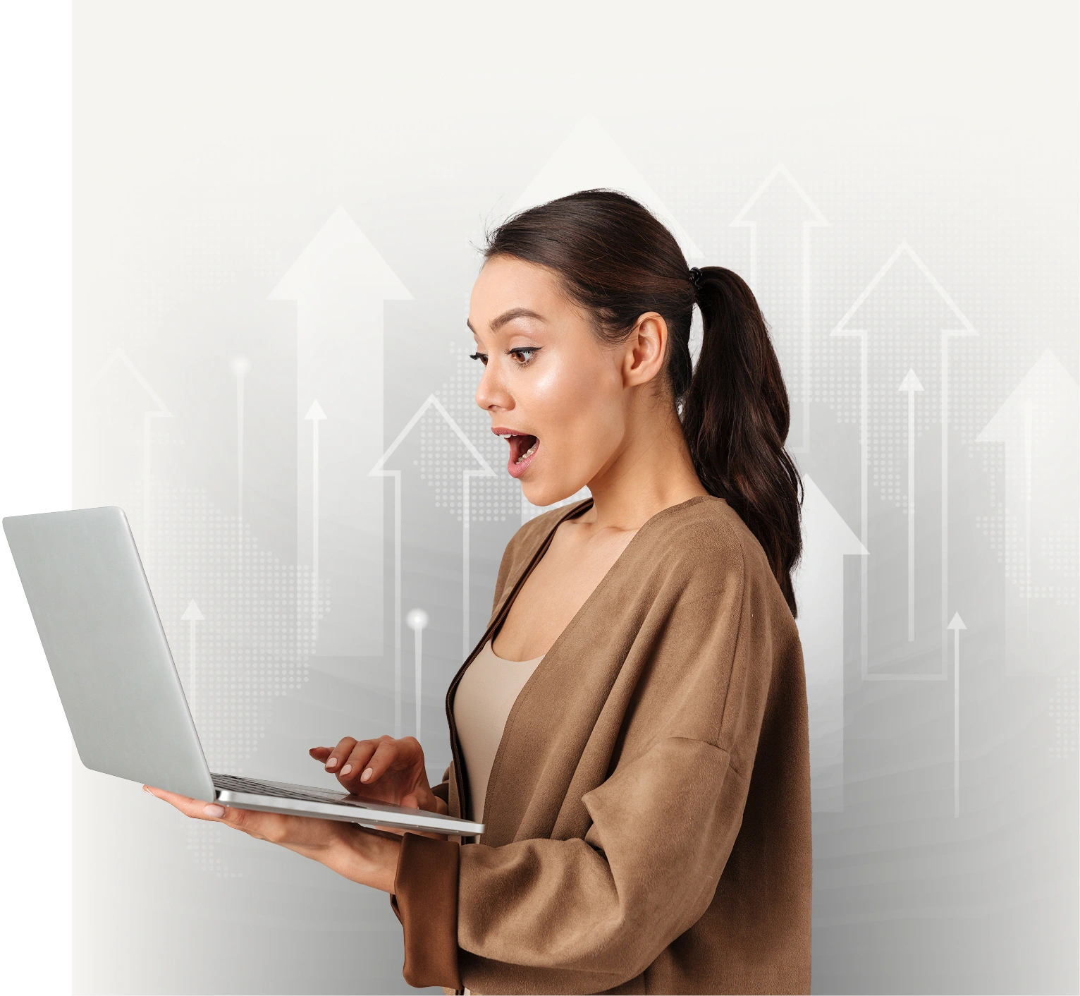 Surprised woman looking at a laptop with upward arrows in the background