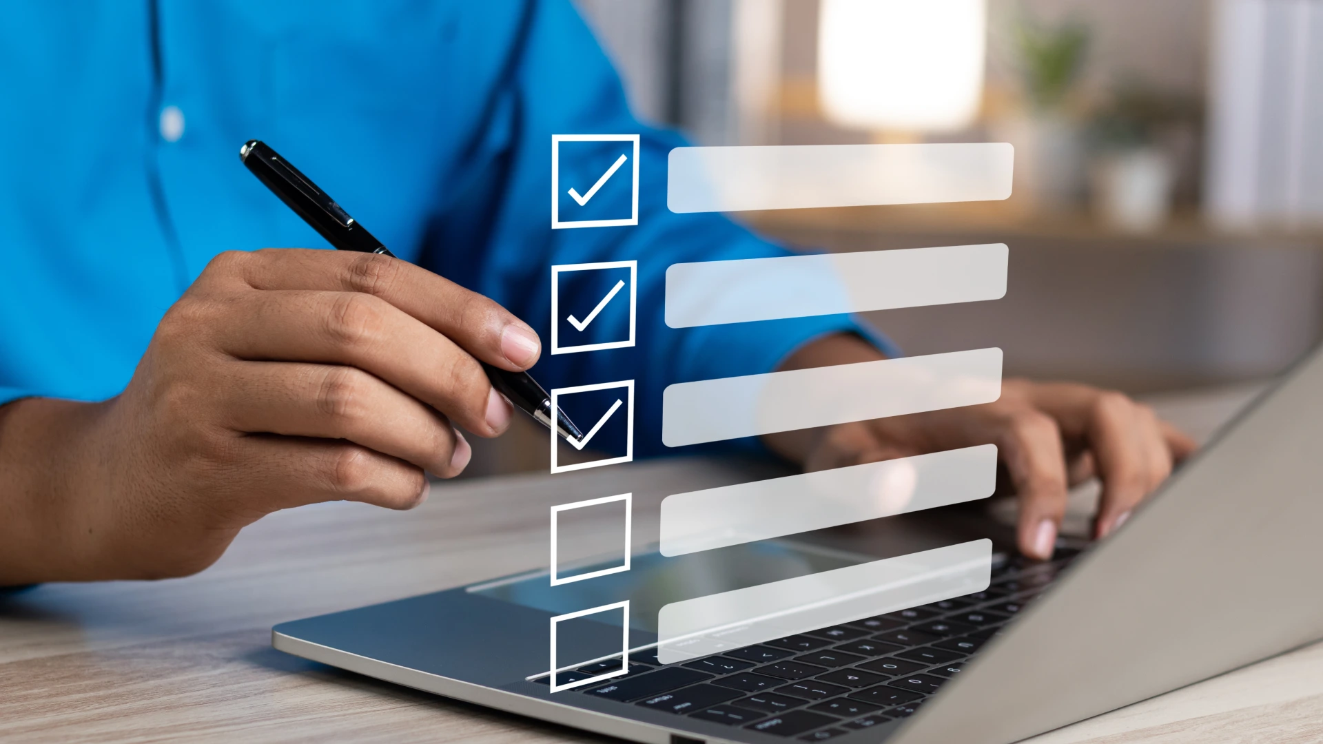 Take an assessment, Business man using laptop and tablet online checklist.